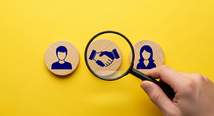 Magnifying glass focuses on handshake icon between two people, representing business deal.