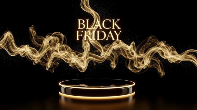 Black Friday Promotional Display: An eye-catching promotional display showcasing Black Friday, with a gold smoke effect and podium against a sleek dark backdrop.