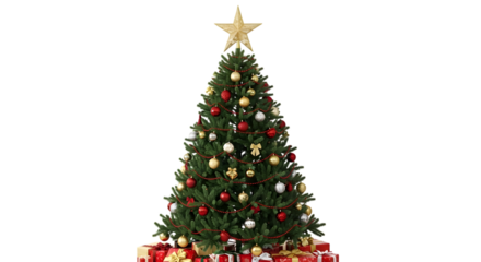 A decorated christmas tree with red and gold ornaments and a gold star on top