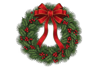 A festive christmas wreath adorned with vibrant red berries and a beautiful bow, perfect for holiday decorations and spreading cheer isolated on transparent background