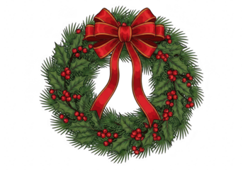 A festive christmas wreath adorned with vibrant red berries and a beautiful bow, perfect for holiday decorations and spreading cheer isolated on transparent background
