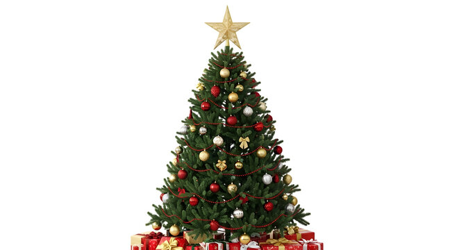 A decorated christmas tree with red and gold ornaments and a gold star on top