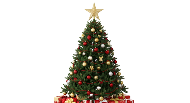 A decorated christmas tree with red and gold ornaments and a gold star on top - Powered by Adobe