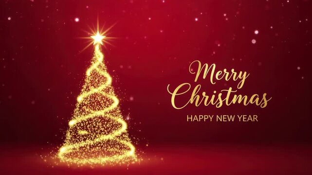 Golden christmas tree with merry christmas and happy new year wishes on red
