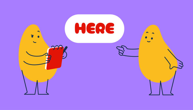 Abstract characters. Geometric comic creature emotions. Funny shapes pointing on Here. Vector illustration