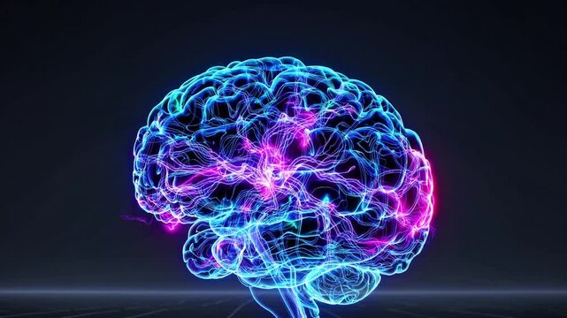 Vibrant neon brain synaptic activity simulation, clinician monitoring firing patterns, pink and blue currents cascade across cortex, pulsing highlights mark neural hotspots, glossy reflective floor