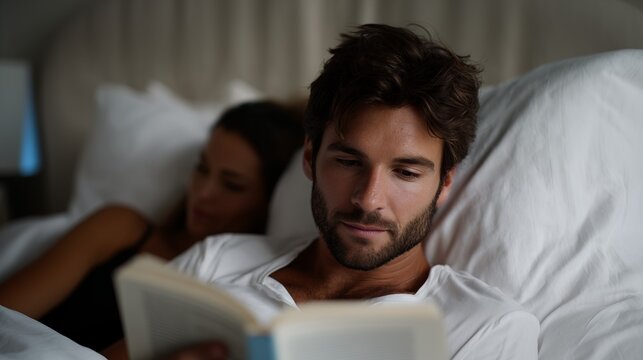 Man reading book in bed with woman resting beside, cozy evening atmosphere