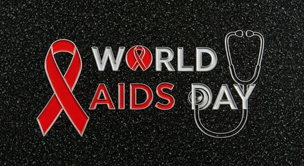 World aids day awareness with red ribbon and stethoscope on black background
