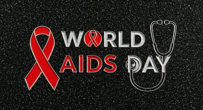 World aids day awareness with red ribbon and stethoscope on black background - Powered by Adobe