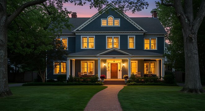 Blue house with warm glowing windows at dusk twilight