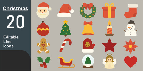 Christmas Icon Set – Festive Holiday Vector Collection with Santa, Tree, Gift, Bell, Snowman, and Decorations in Flat Design