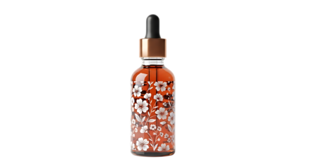 Amber glass dropper bottle, white floral pattern and copper cap, isolated on white or transparent background, AI