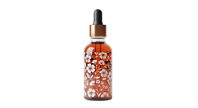 Amber glass dropper bottle, white floral pattern and copper cap, isolated on white or transparent background, AI