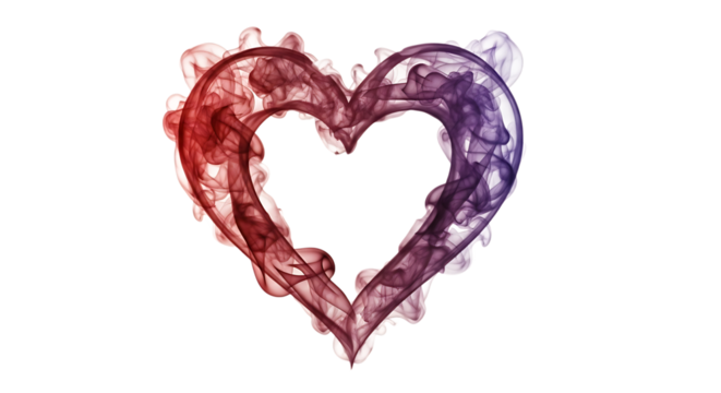 Heart shape, swirling red and purple smoke plumes image, isolated on white or transparent background, AI
