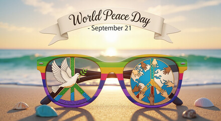 World Peace Day concept, colorful sunglasses reflecting symbols of peace on a beach background
