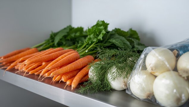 Arrangement of Root Vegetables and Onions with Green Leaves on Reflective Surface. - Powered by Adobe