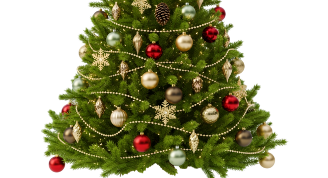 A beautifully decorated green christmas tree with red, gold, and silver ornaments and beaded garlands - Powered by Adobe