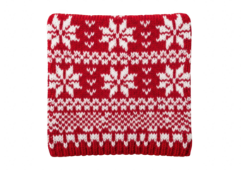 A cozy red knitted scarf adorned with white snowflake patterns, the intricate design evokes the warmth and charm of winter holidays isolated on transparent background