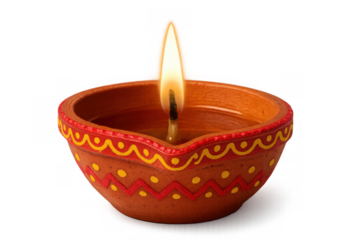 Traditional clay diya oil lamp with a glowing flame, symbolizing light and celebration for hindu festivals