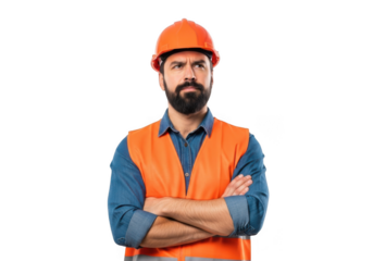 A bearded construction worker wearing an orange hard hat and safety vest stands confidently with arms crossed isolated on transparent background