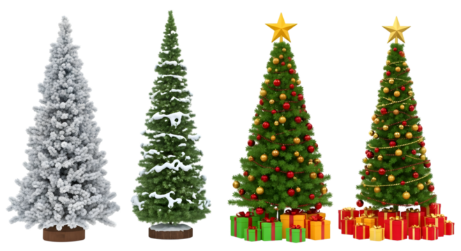 Four christmas trees with gifts and decorations
