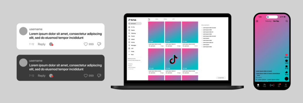TikTok UI mockup on iPhone and desktop showing comment section with usernames, replies, likes, emojis, timestamps, video player, share button, and modern interactive layout vector illustration
