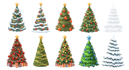 Collection of ten different christmas trees with decorations and gifts