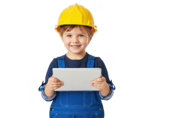 Young boy wearing yellow hard hat and blue overalls holding a white tablet computer isolated on transparent background