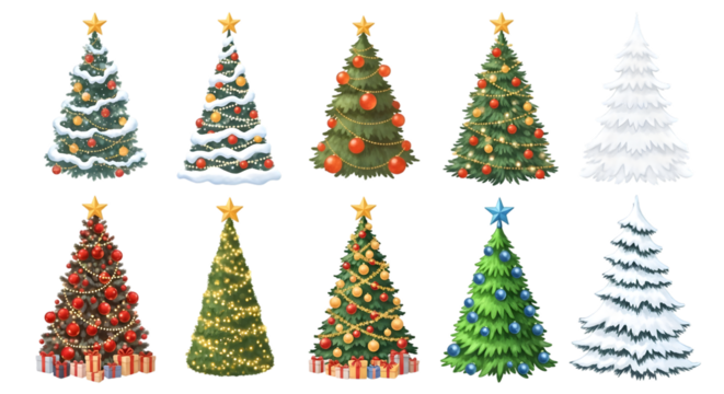 Collection of ten different christmas trees with decorations and gifts