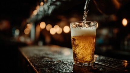 A bartender skillfully pouring a golden craft beer into a glass, showcasing the rich color and frothy head of the beverage in a dimly lit bar setting. neutral background, clear negative space