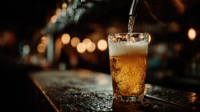 A bartender skillfully pouring a golden craft beer into a glass, showcasing the rich color and frothy head of the beverage in a dimly lit bar setting. neutral background, clear negative space