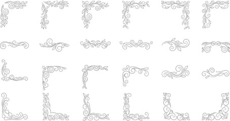 Elegant Silver Flourish Corners and Dividers, Floral Ornament Elements on White