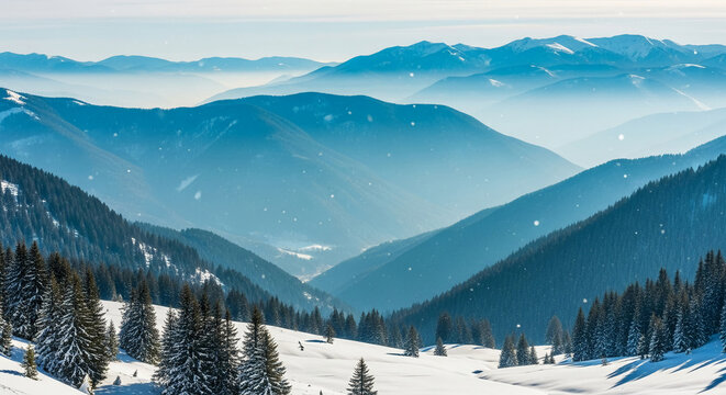 Scenic view of a mountain range in winter, covered with snow and evergreen trees, representing tranquility, outdoor adventure, and the beauty of nature