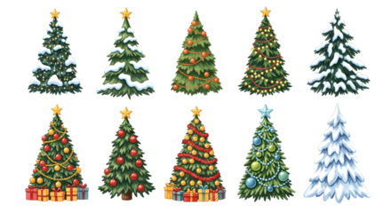 A collection of ten different christmas trees, some decorated and some covered in snow