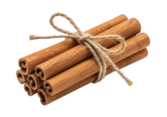 A bundle of fragrant cinnamon sticks tied together with twine, perfect for adding warmth and spice to holiday recipes and decorations isolated on transparent background