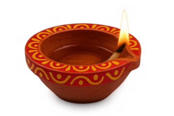 Traditional indian clay diya oil lamp burning, celebrating diwali festival with bright light and decoration on transparent background