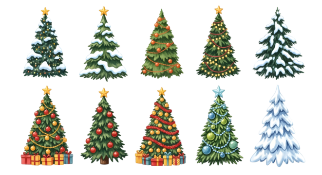 A collection of ten different christmas trees, some decorated and some covered in snow - Powered by Adobe