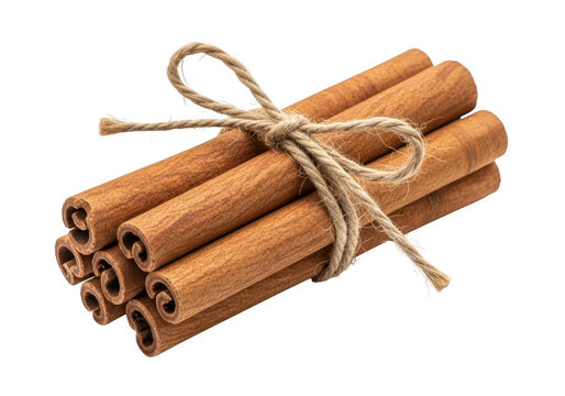 A bundle of fragrant cinnamon sticks tied together with twine, perfect for adding warmth and spice to holiday recipes and decorations isolated on transparent background