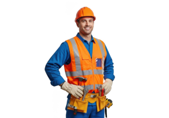 Smiling construction worker wearing a blue uniform orange safety vest and hard hat with tool belt isolated on transparent background
