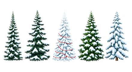 A selection of five different christmas trees, some covered in snow and one with red garland