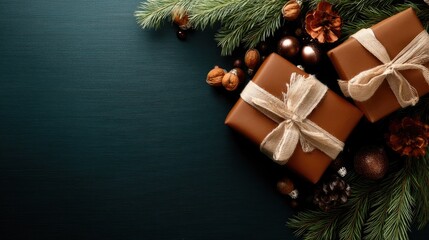 Colorful gifts and shiny ornaments are arranged on a green surface, creating a cozy and festive atmosphere for the holidays