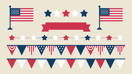 Collection of american patriotic holiday decorations including flags banners stars and bunting in a clean silhouette style