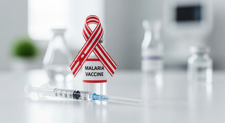 realistic syringe and vaccine vial beside malaria awareness ribbon — medical prevention