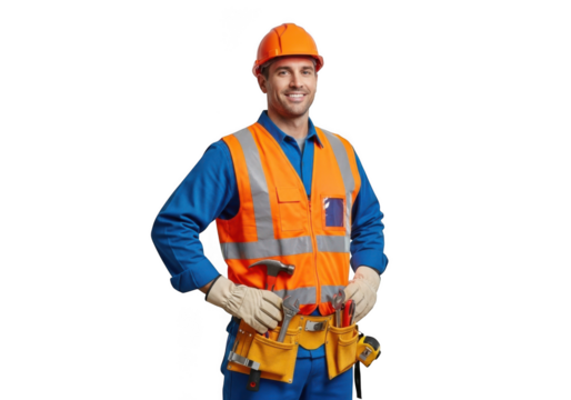 Smiling construction worker wearing a blue uniform orange safety vest and hard hat with tool belt isolated on transparent background