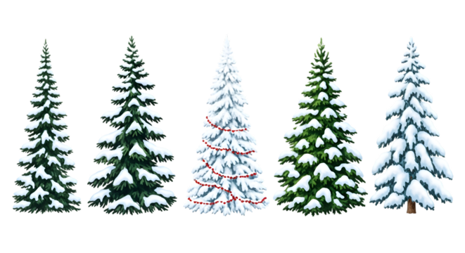 A selection of five different christmas trees, some covered in snow and one with red garland