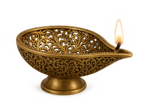 Ornate brass diya oil lamp illuminating diwali festival celebration and hindu spirituality with a burning flame on transparent background