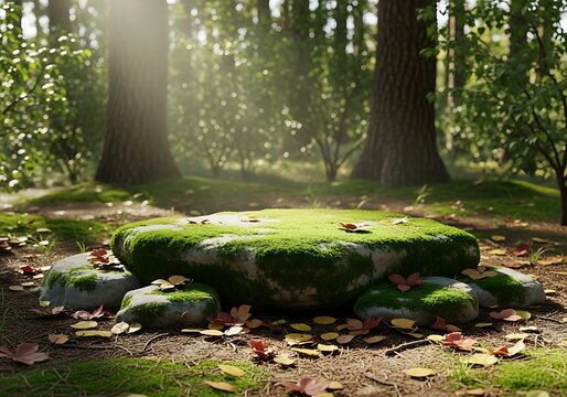 Moss covered rock formation in a sunlit forest clearing with fallen autumn leaves scattered around