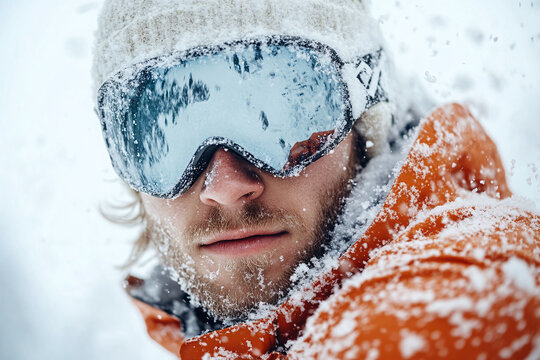 Skier close-up with winter frost and goggles, capturing determination and extreme sports energy.