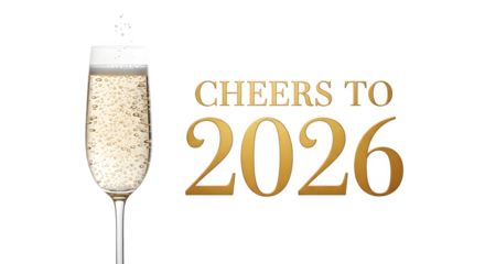 Elegant champagne flute filled with bubbly golden liquid and the text cheers to 2026 isolated on transparent background