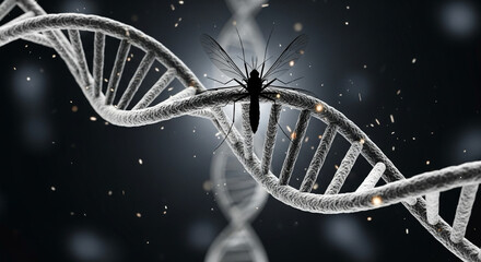 3D render of DNA strand with mosquito silhouette — research on genetic solutions